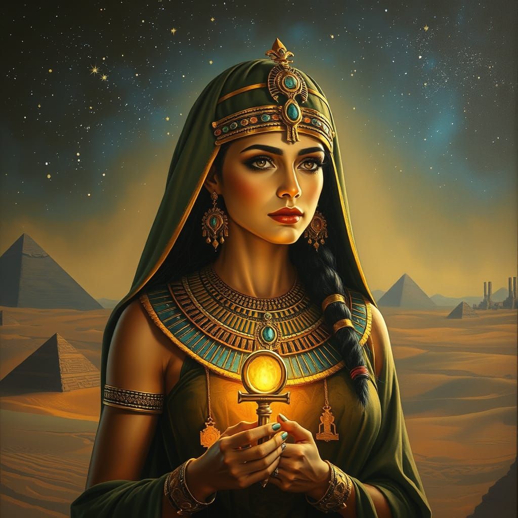 Egyptian Priestess in Starry Desert Night