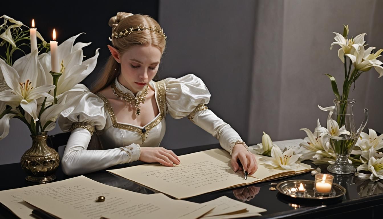 Elf Princess Asleep at Writing Desk