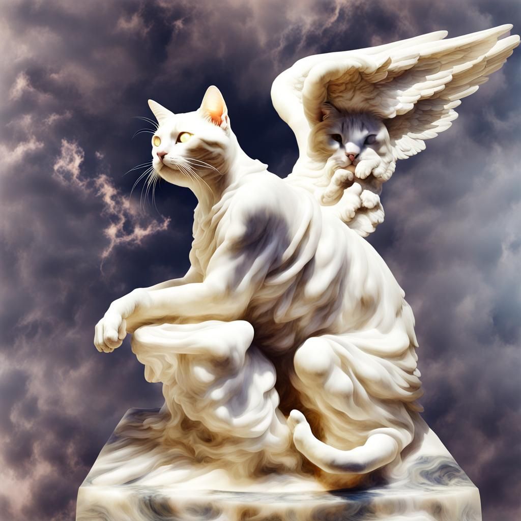 Marble Cat Angel Statue in Renaissance Style