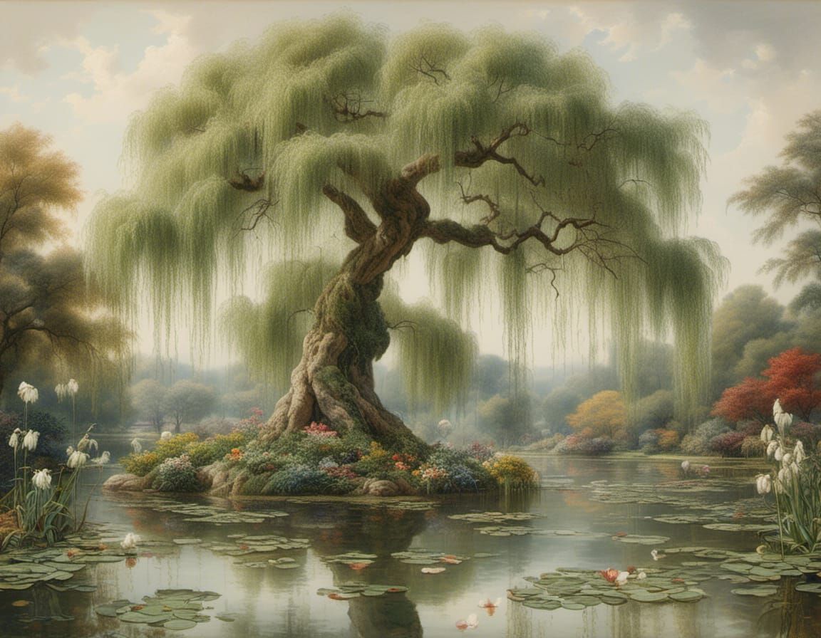 a Weeping Willow Tree at a lake,  with Lotus, Waterlilies