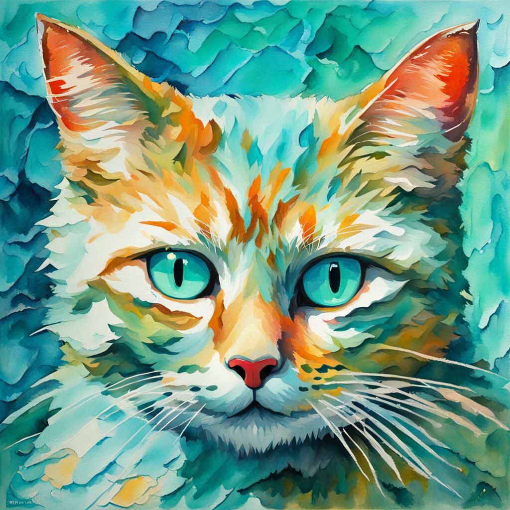 Aquamarine Cat as Gouache Style Painting