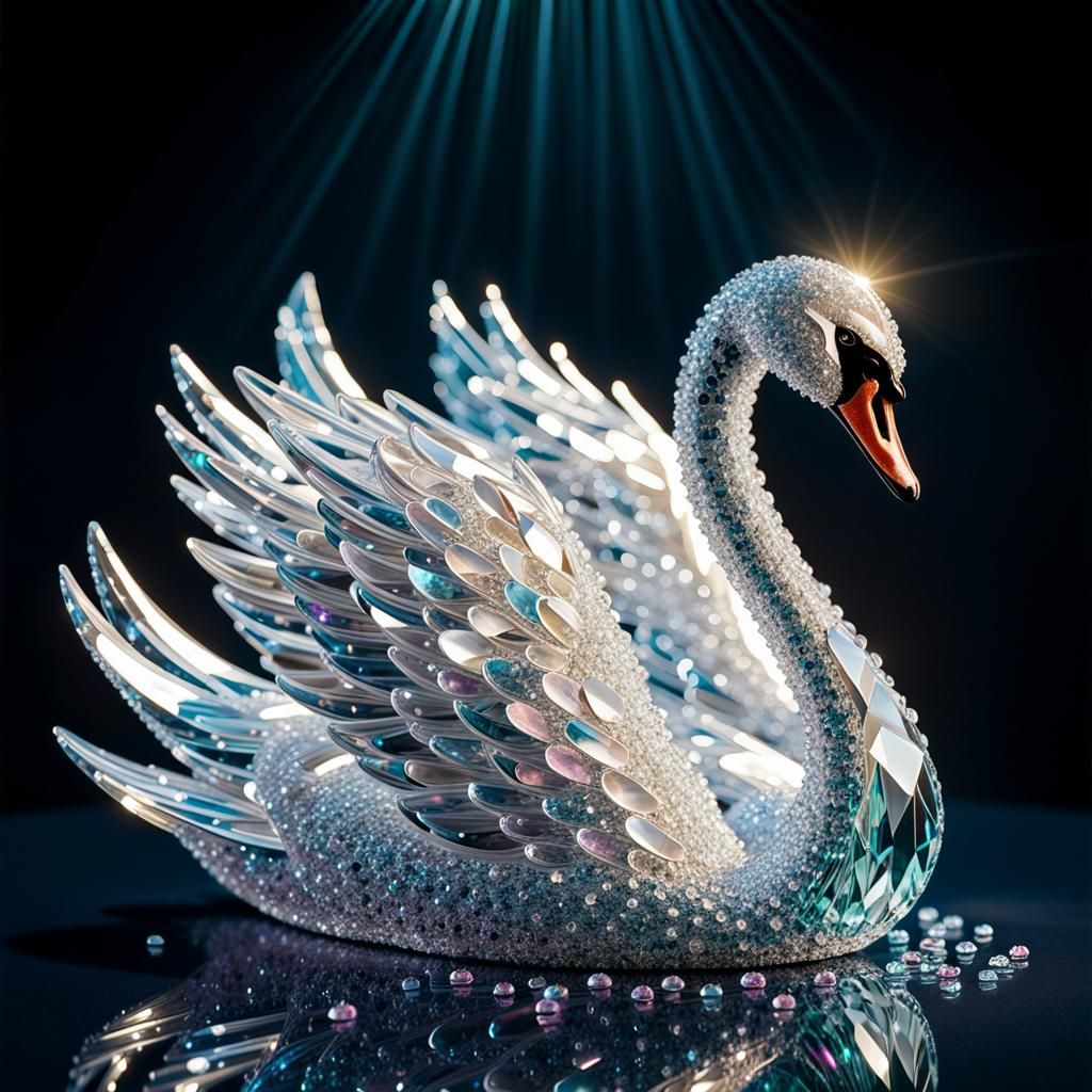 Dazzling Crystal Swan Sculpture in Hyperrealism