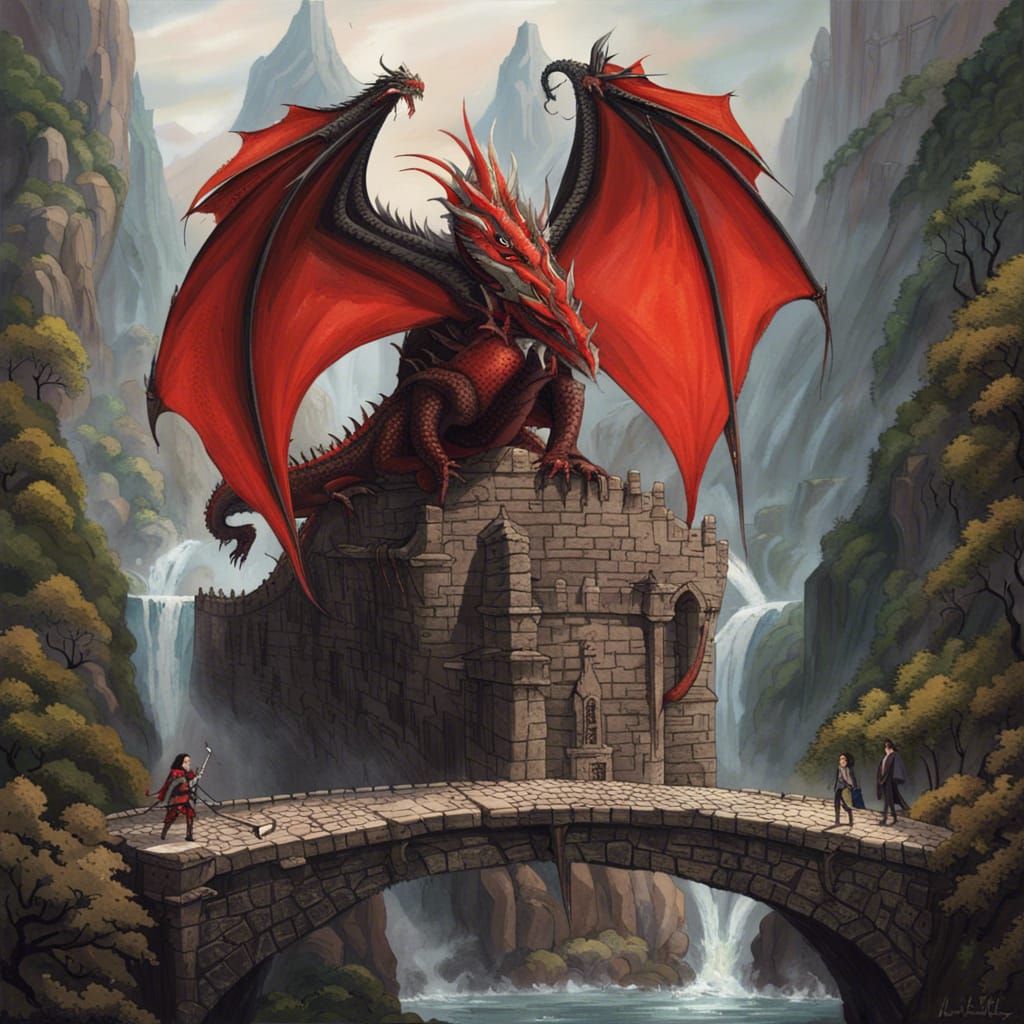 Dragon and Wizard Battle on Mountain Peak