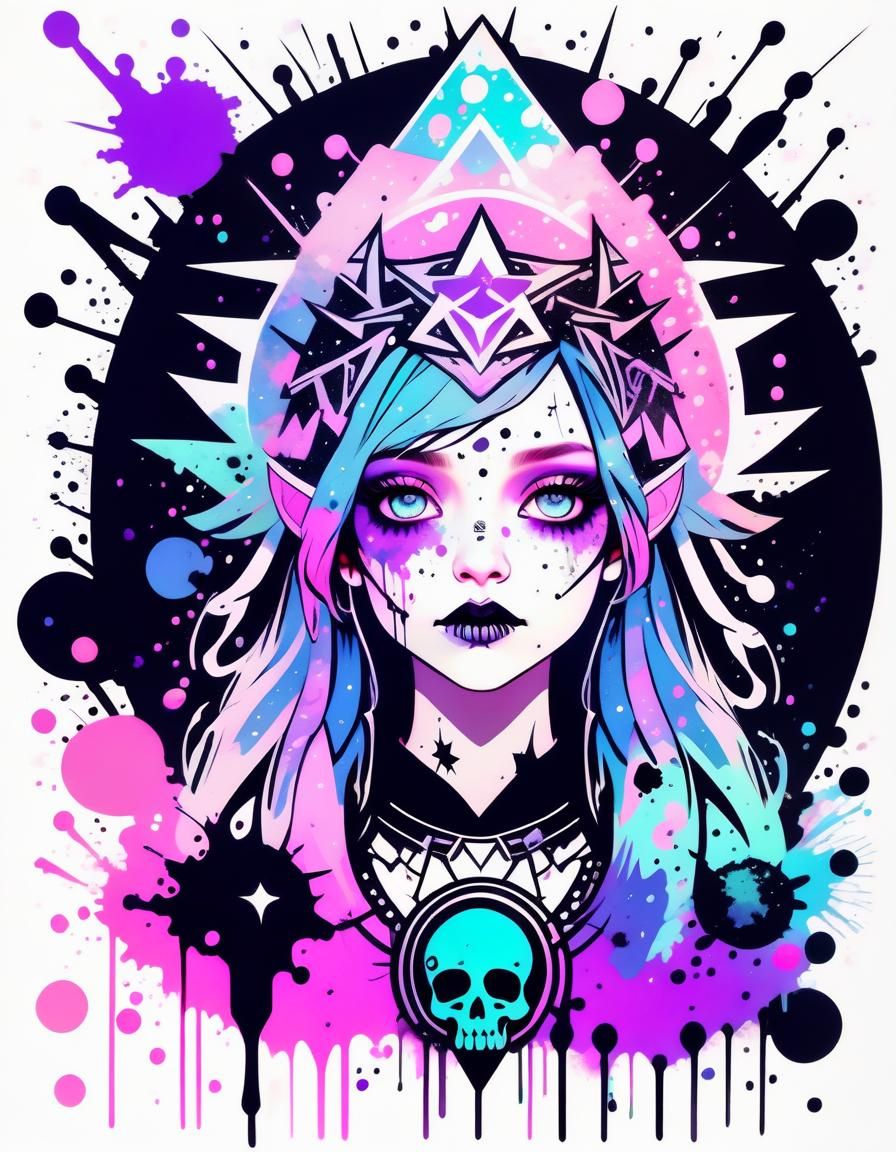 Goddess of Crystals in Pastel Goth Ink Style