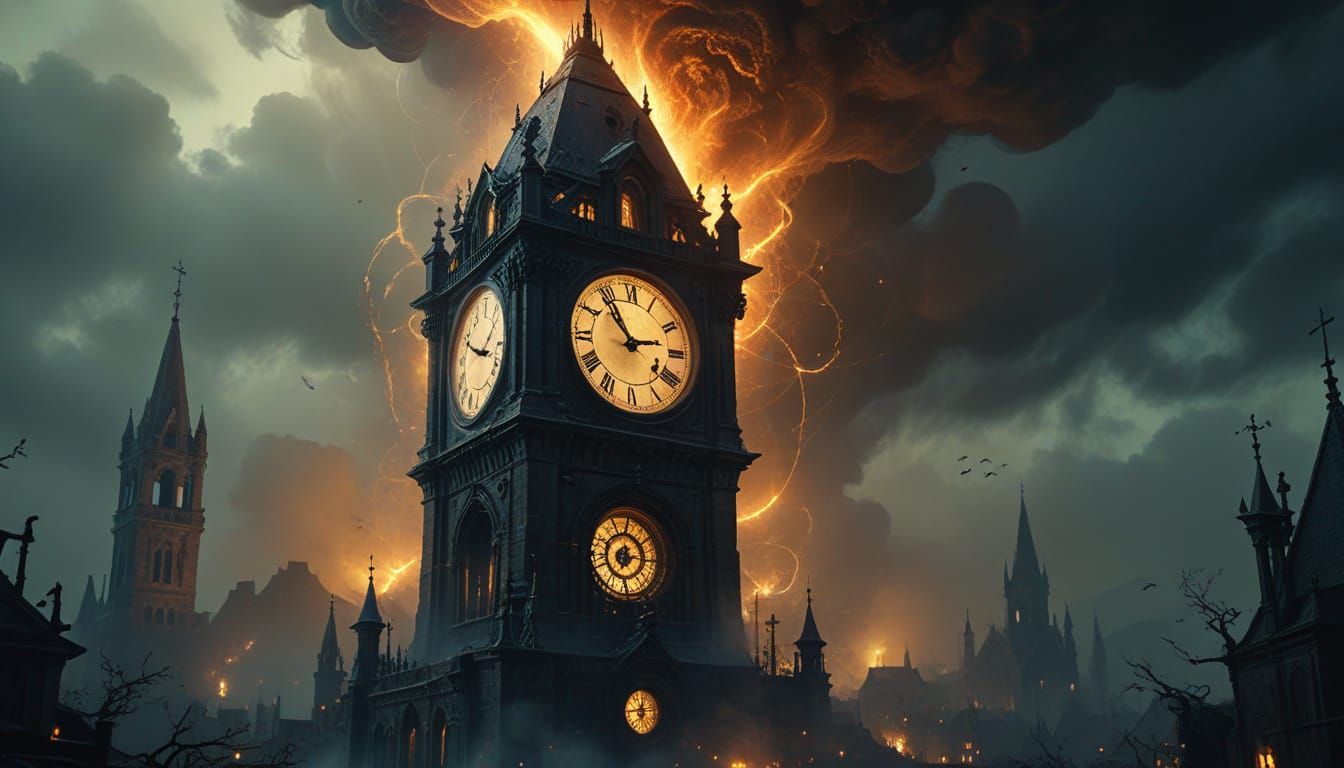 Gothic Clock Tower Ascends into Mysterious Vortex in Dark Fa...