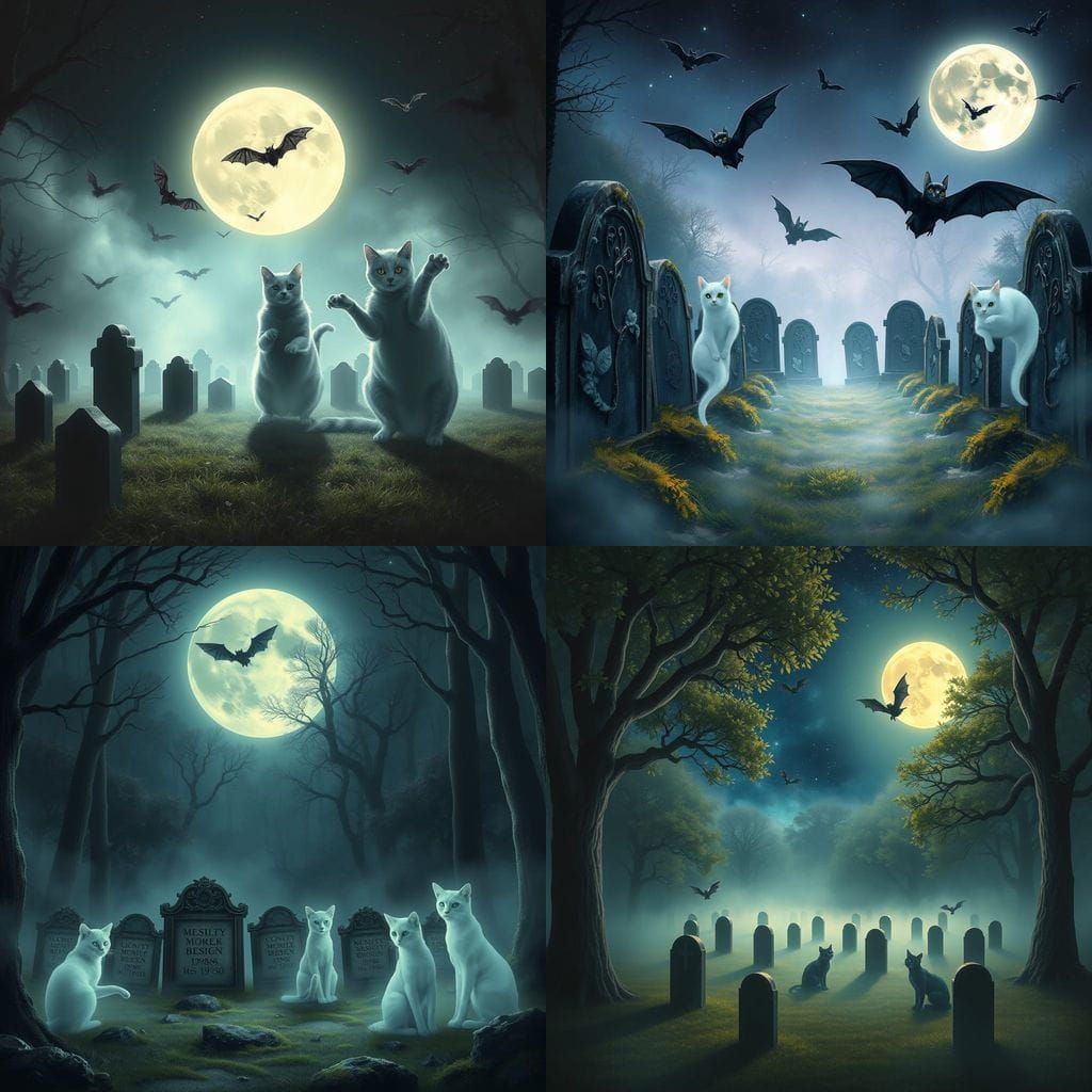 Misty Moonlit Graveyard with Translucent Cat Spirits and Bat...