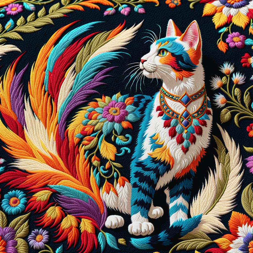 Intricate Embroidered Cat and Floral Carpet Art