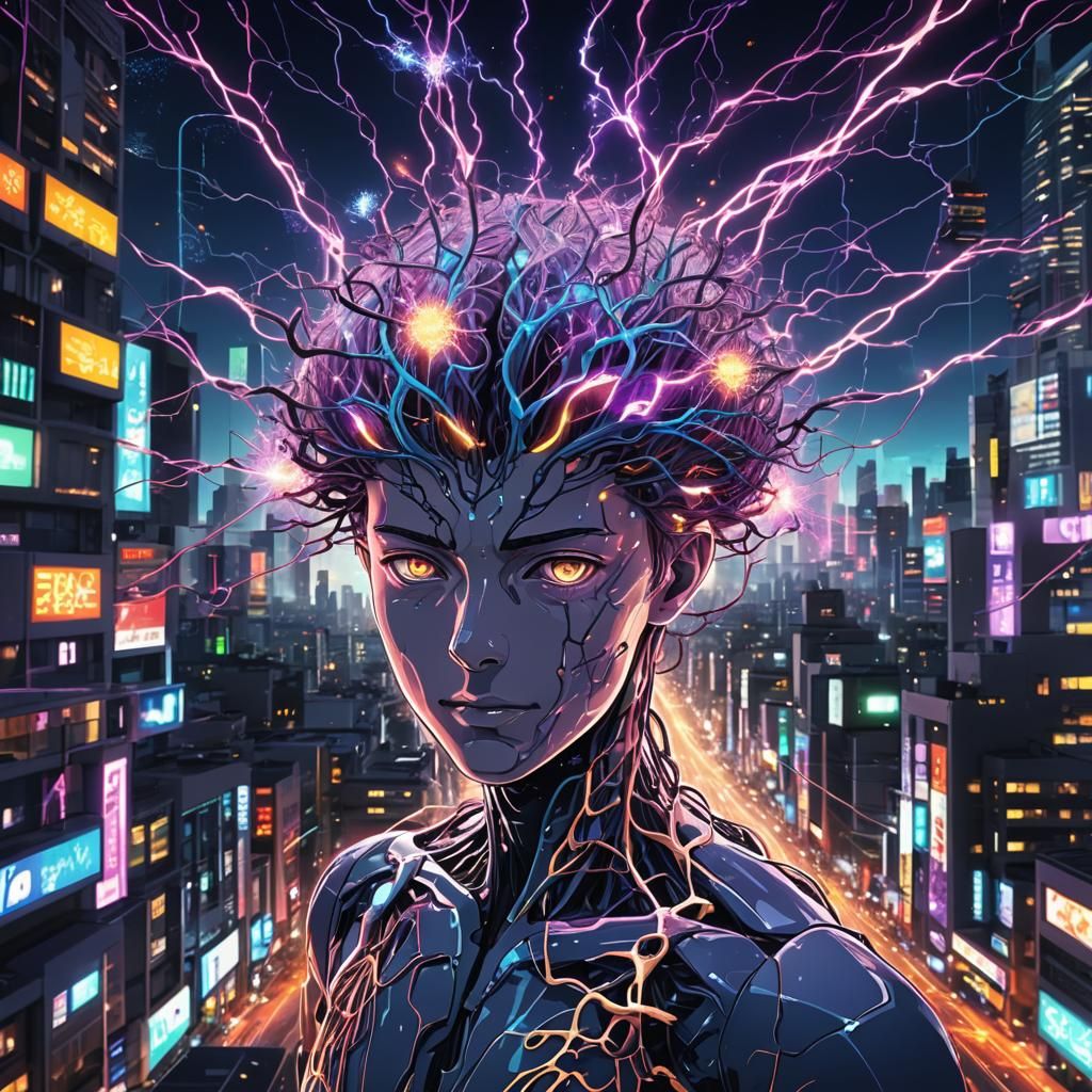 Glowing Neurons Form Brain in Futuristic Anime Art