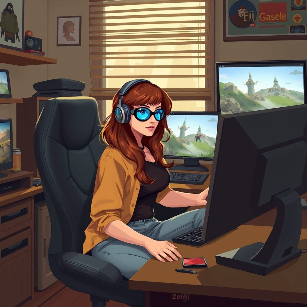 Cozy Home Office Gamer in Retro-Futuristic Style