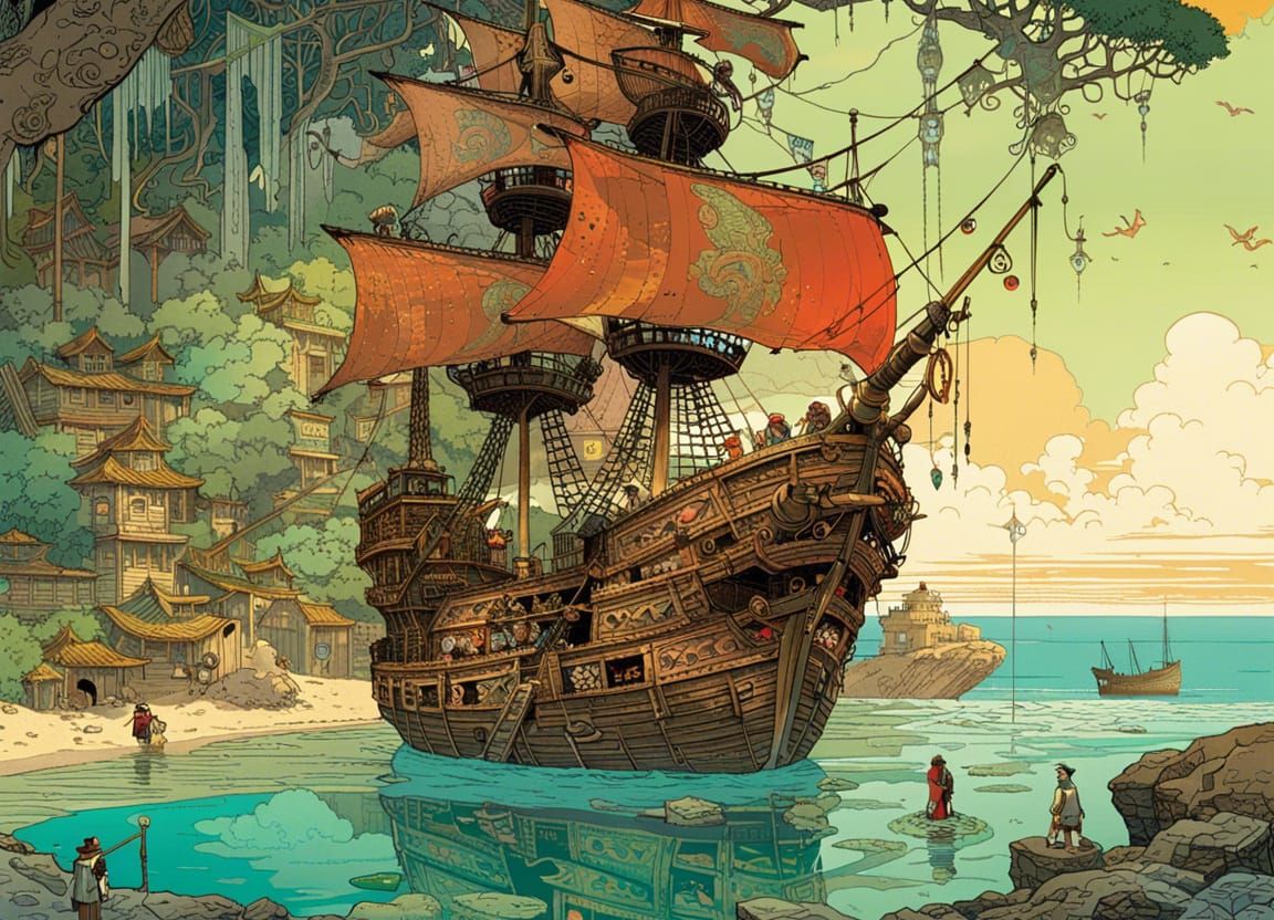 Pirate Ship in Hidden Cove: Retro Game Art
