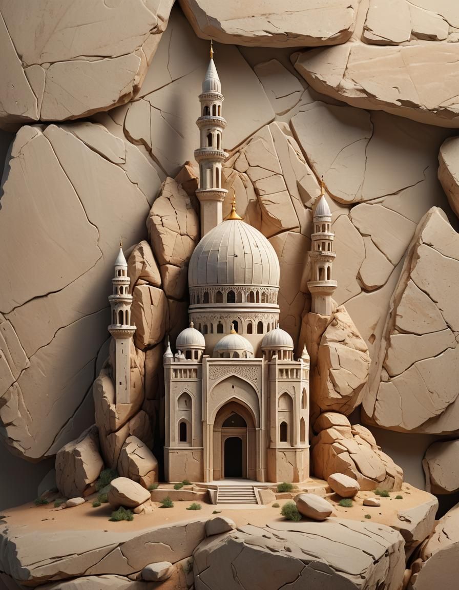 Photorealistic Rock Formation Shaped Like a Mosque