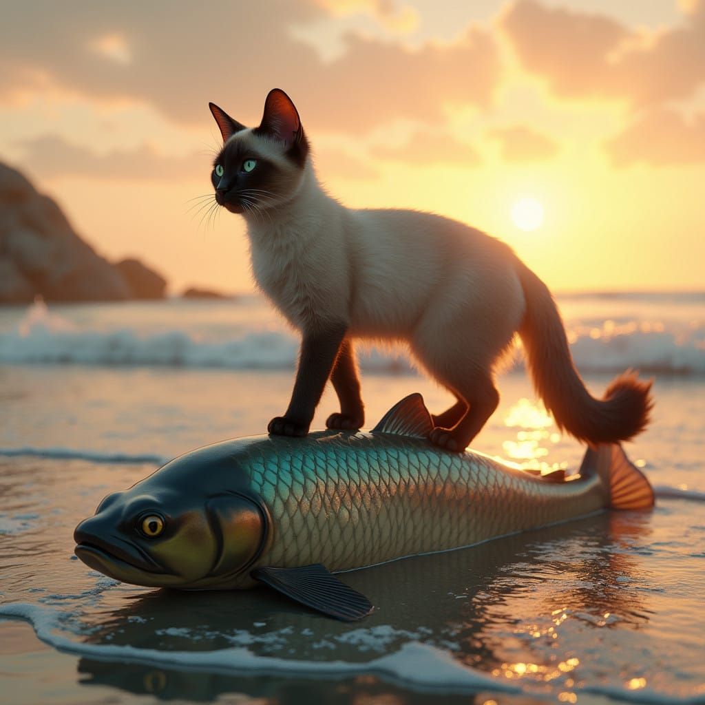 Ethereal Siamese Cat Dominates Majestic Coy Carp on Golden B...