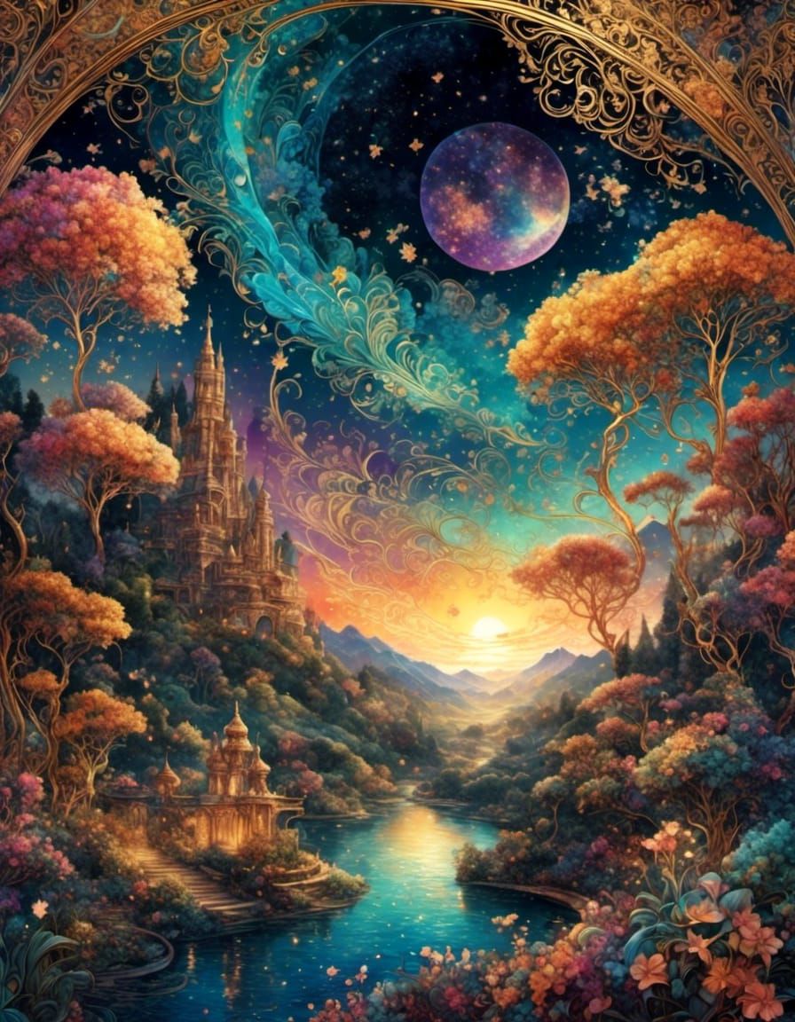 Iridescent Fantasy Landscape with Gold Filigree