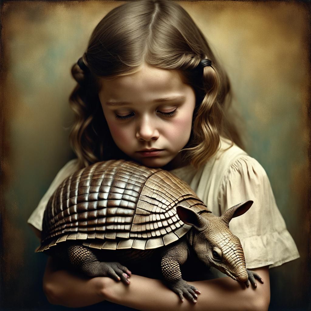 Girl Hugging Armadillo: Surreal Vintage Photograph