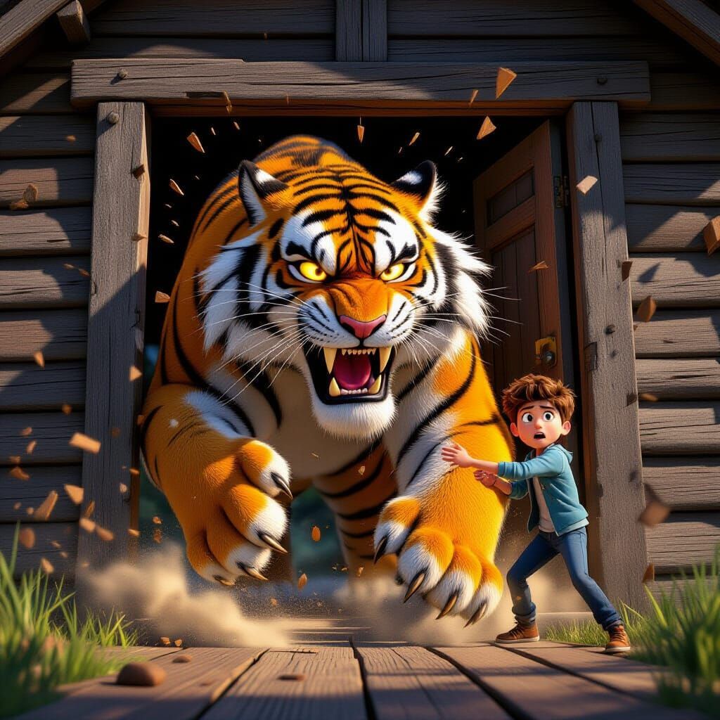 Tiger Attacks Wooden Door, Boy Protects Sister