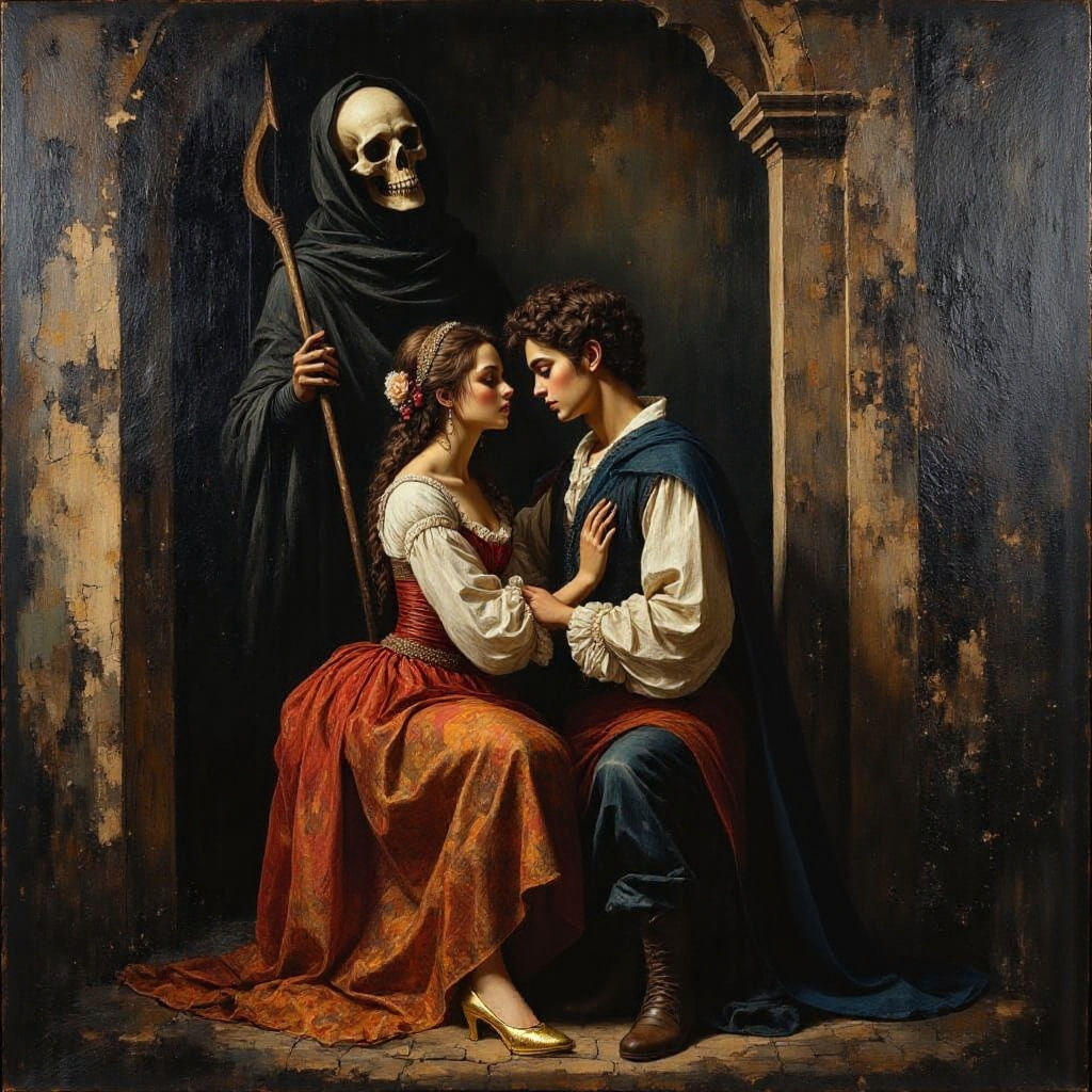 Star-Crossed Lovers' Final Embrace in Capulet Tomb