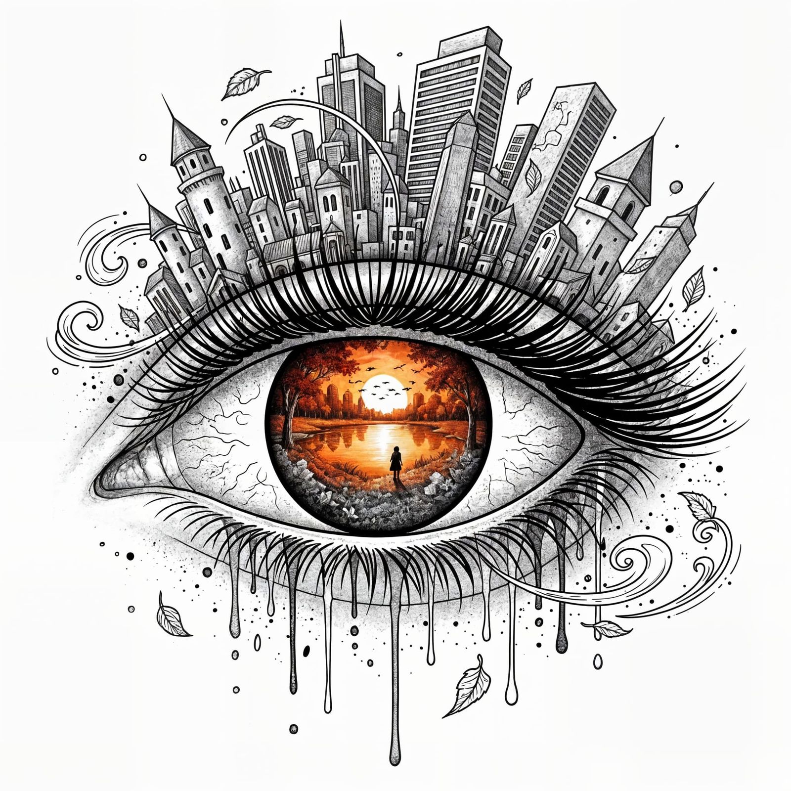 Surreal Eye Reflecting Autumn Sunset Ink Illustration