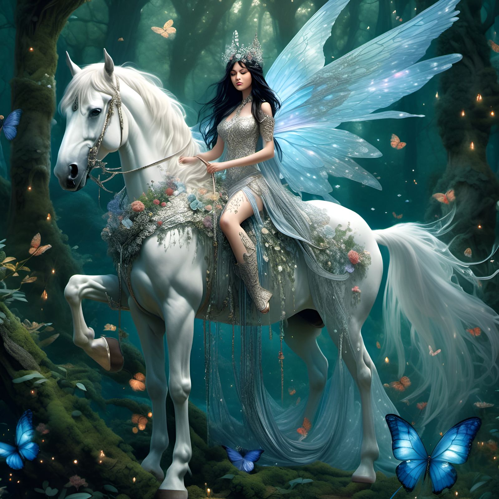 blue Fairy on white horse