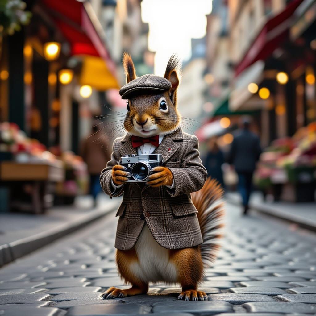 Dapper Squirrel in Tweed with Vintage Camera in 1940s Paris
