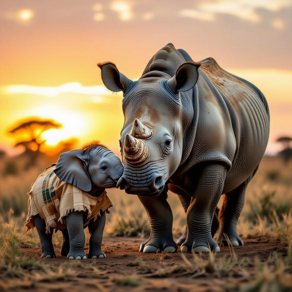 Comforting Rhinoceros with Grieving Elephant Calf