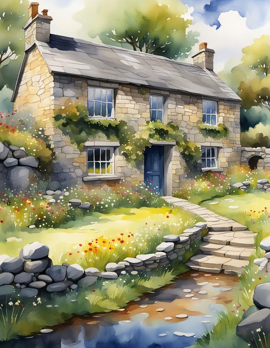 Irish Rural Cottage in Detailed Watercolor