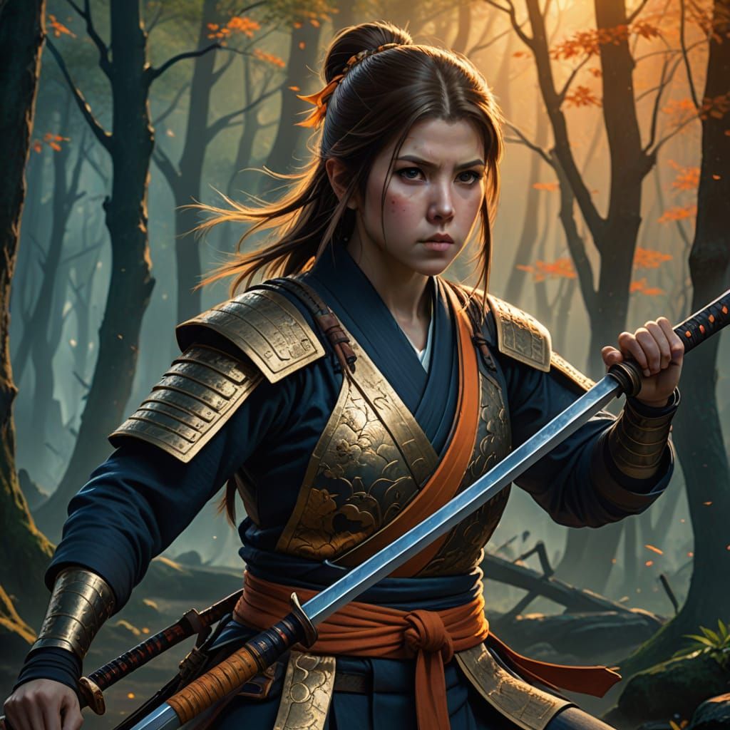 Anna Kendrick Ninja Battles Samurai in Oil Painting Style