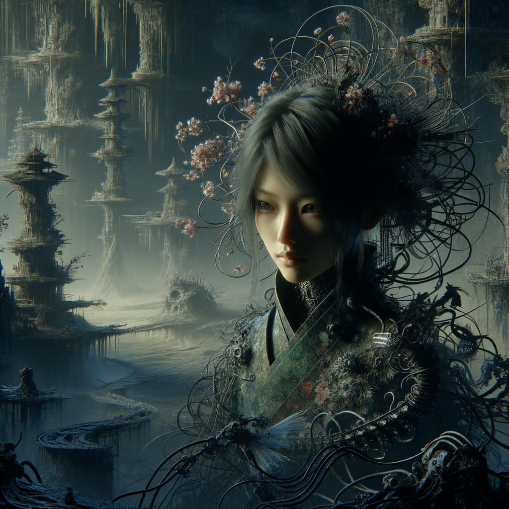 Eerie Fusion: Japanese Woman in Biomechanical Wasteland