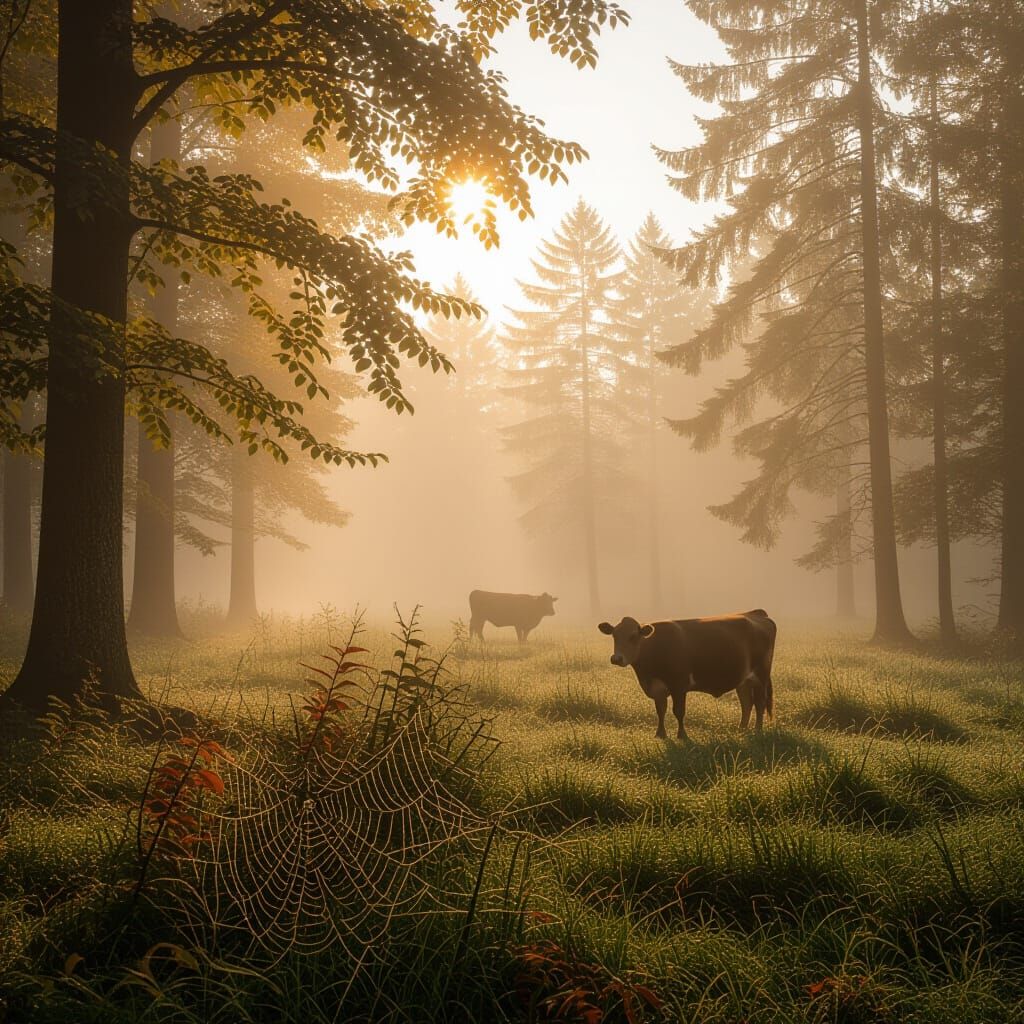 Autumn Forest Morning with Cows and Dew-Kissed Spiderwebs