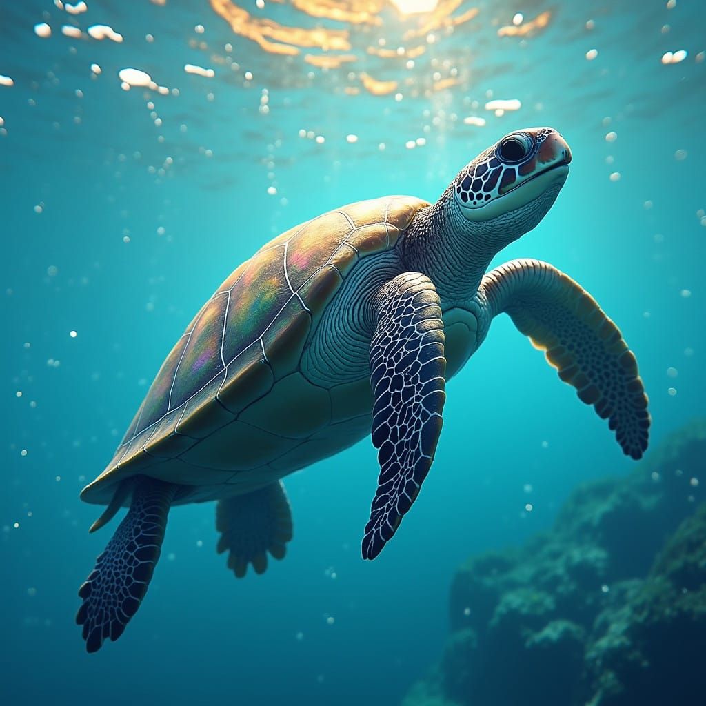 Realistic Turtle Breaches Turquoise Ocean