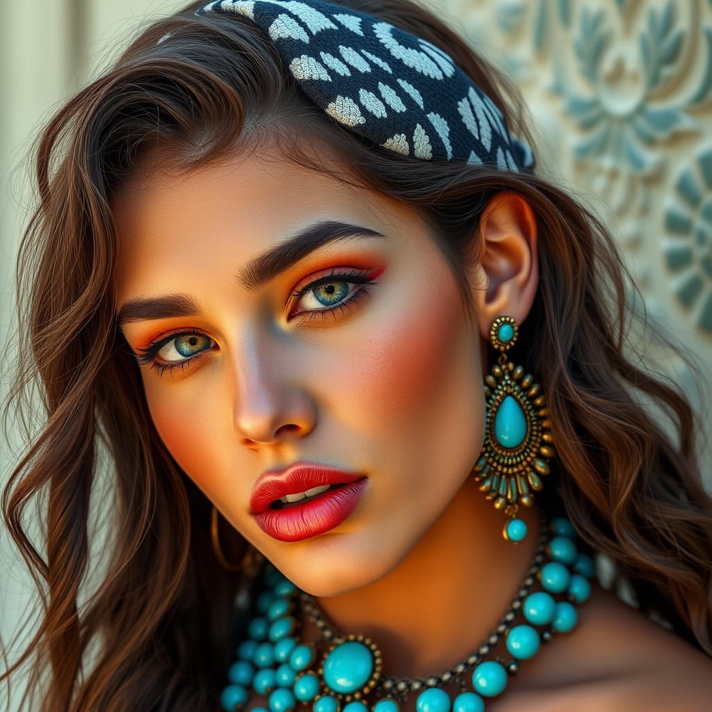Stunning Woman with Turquoise Jewelry in 8K