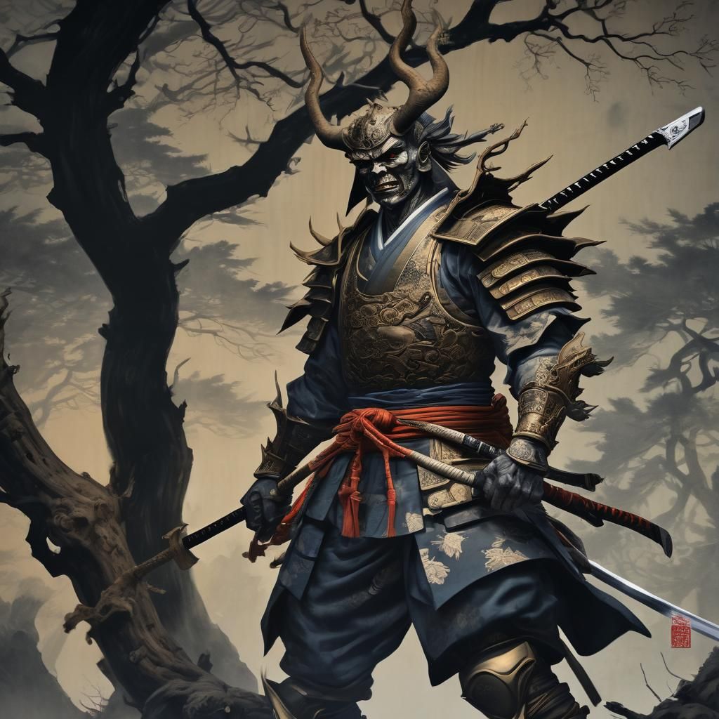 Hauntingly Ukiyo-e Block style painting depicting a Hyperrea...