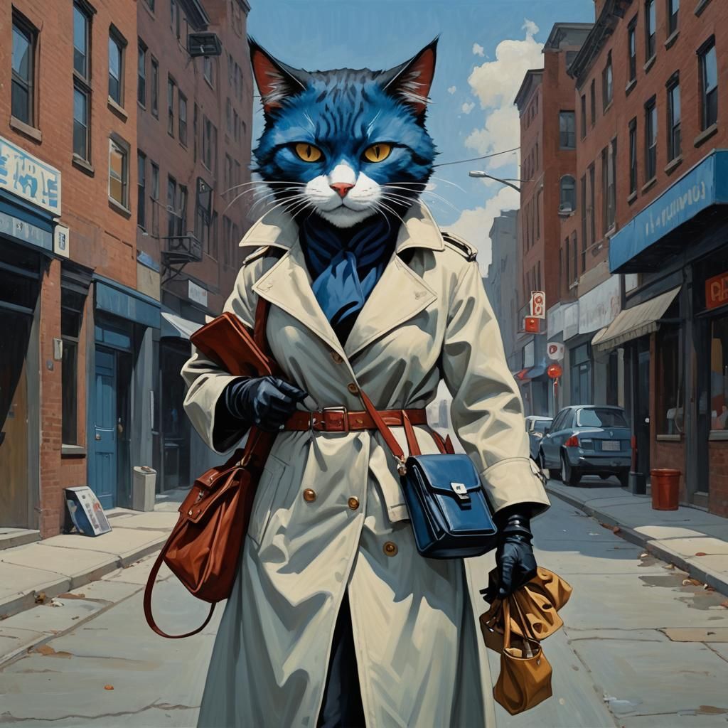 Cat Superheroine in Edward Hopper Inspired Comic Art