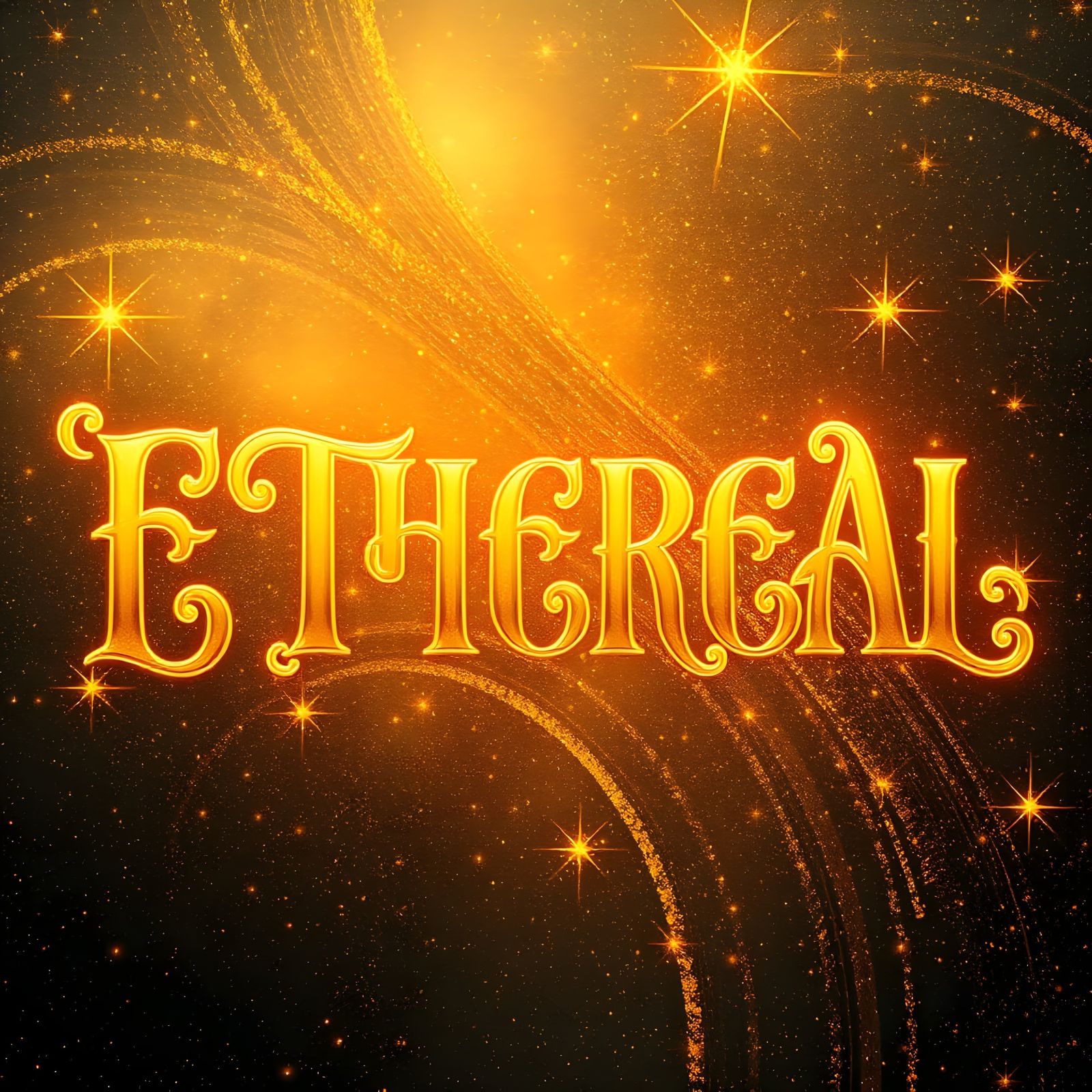 Ethereal Word in Ornate Gold Script Against Celestial Backdr...