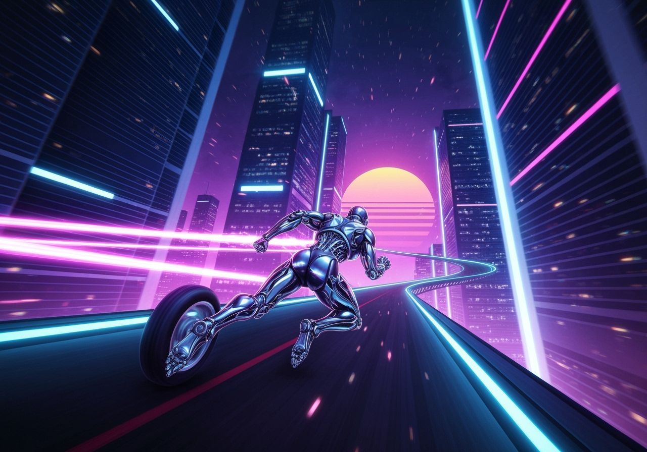 Cyborg Athlete Races on Neon Circuit - 80s Album Art Style