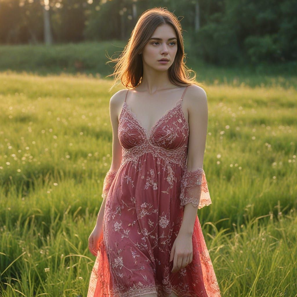 Girl in Red Nightgown: Impressionistic Pastoral Scene