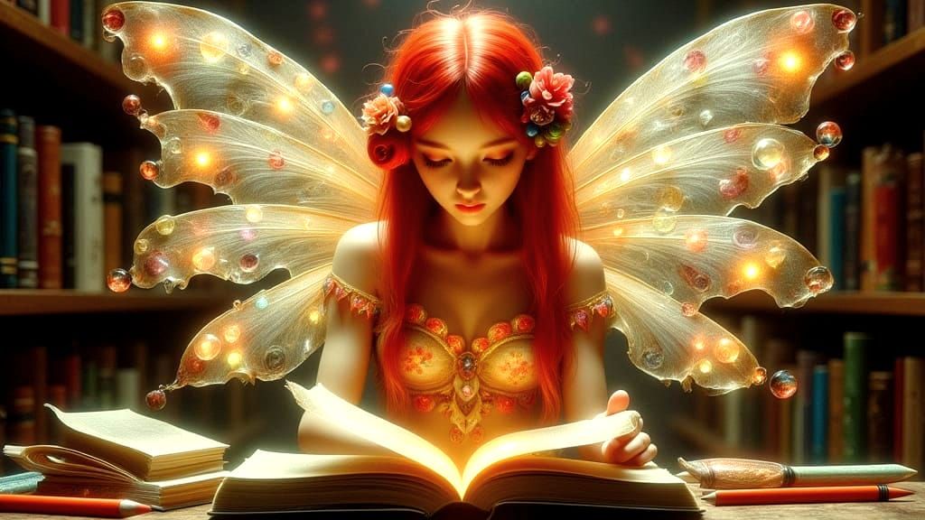 Literary Fairy Among Old Books, Art Nouveau Style