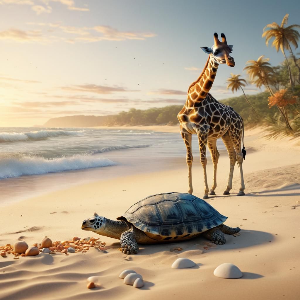Giraffe and Turtle Beach Scene in Fantasy Style