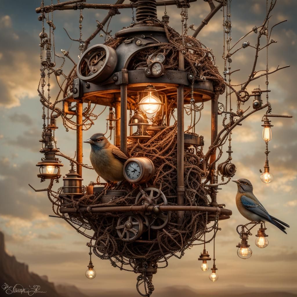 Steampunk Bird Nest with Fireflies and Pearls