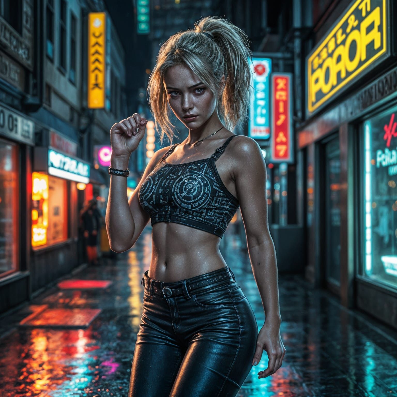 Cyberpunk Blonde in Neon Alleyway: Digital Fantasy Art