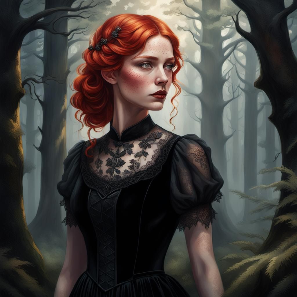 Gothic Beauty in Misty Forest: Digital Portrait