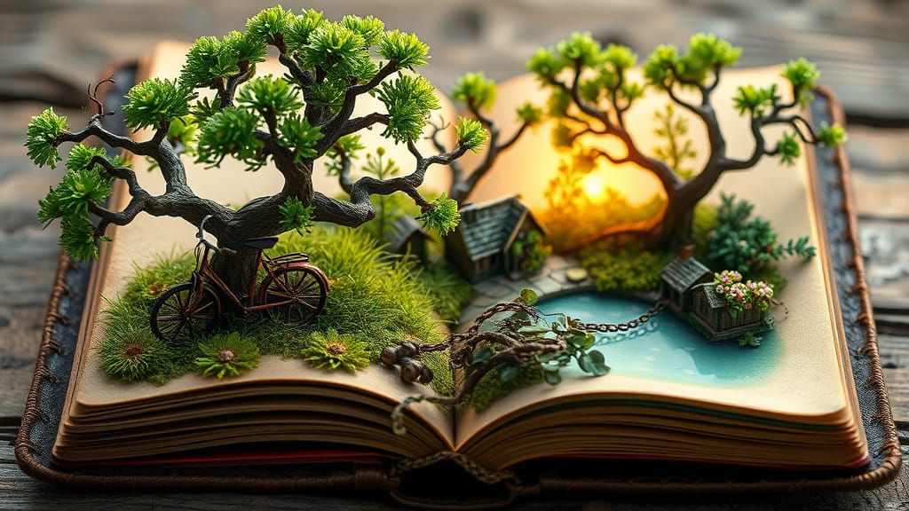 Whimsical Miniature World Unfolds from a Worn Leather Notebo...