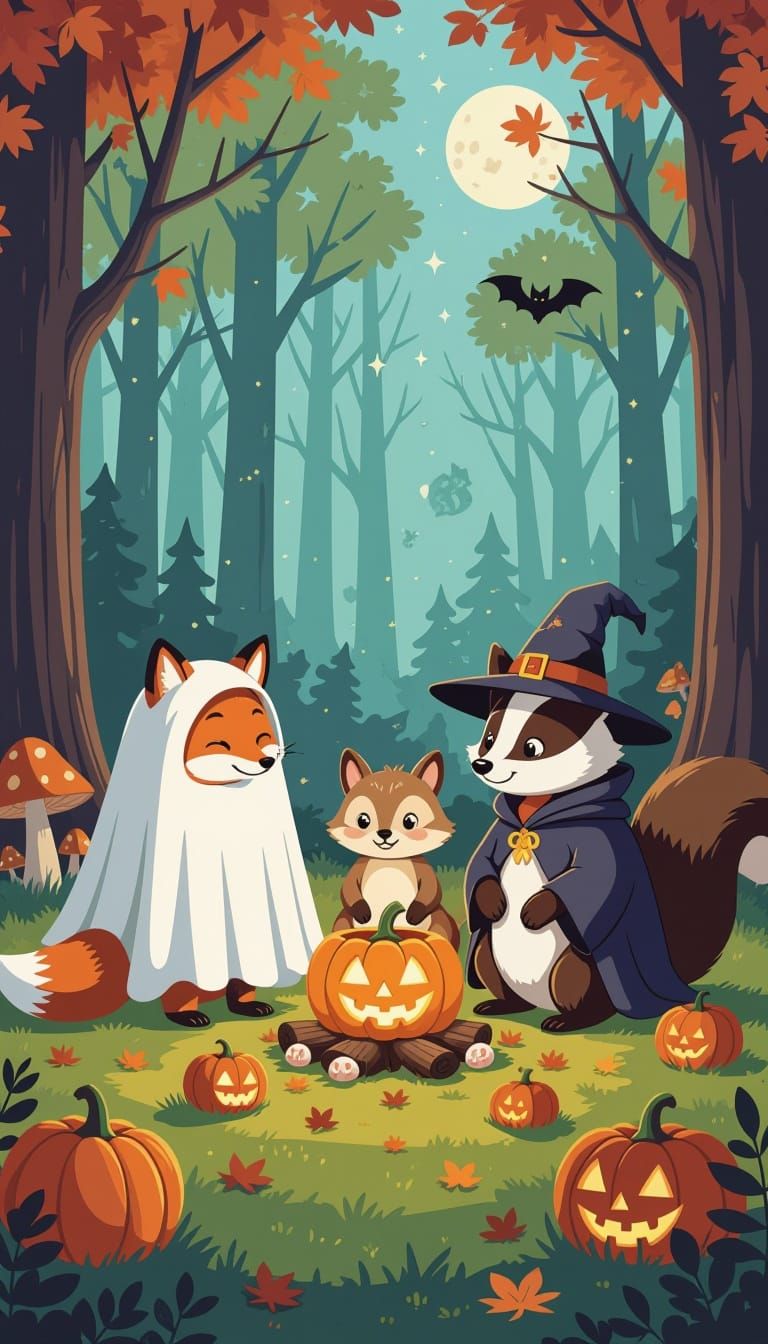 Woodland Creatures Halloween Feast Comic Illustration