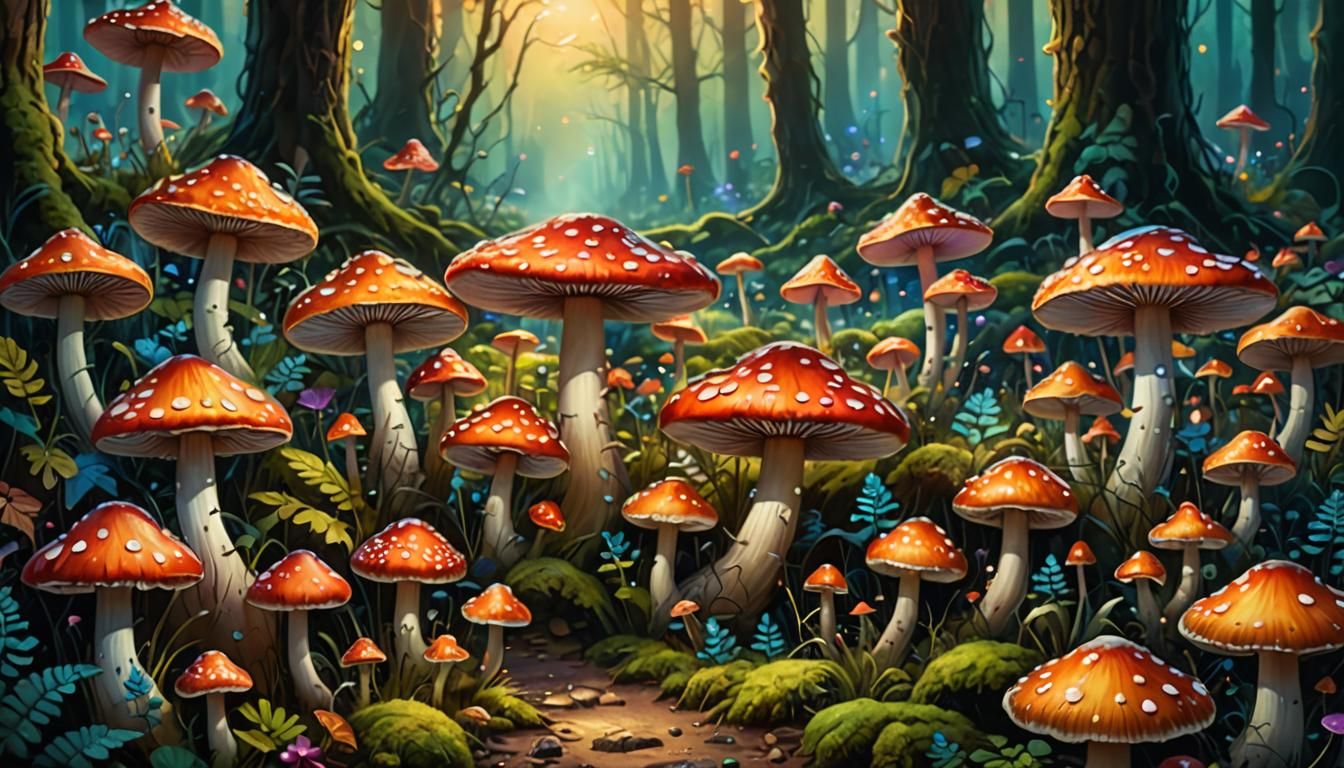 Colorful Toadstools in Mystical Forest: Fantasy Artwork