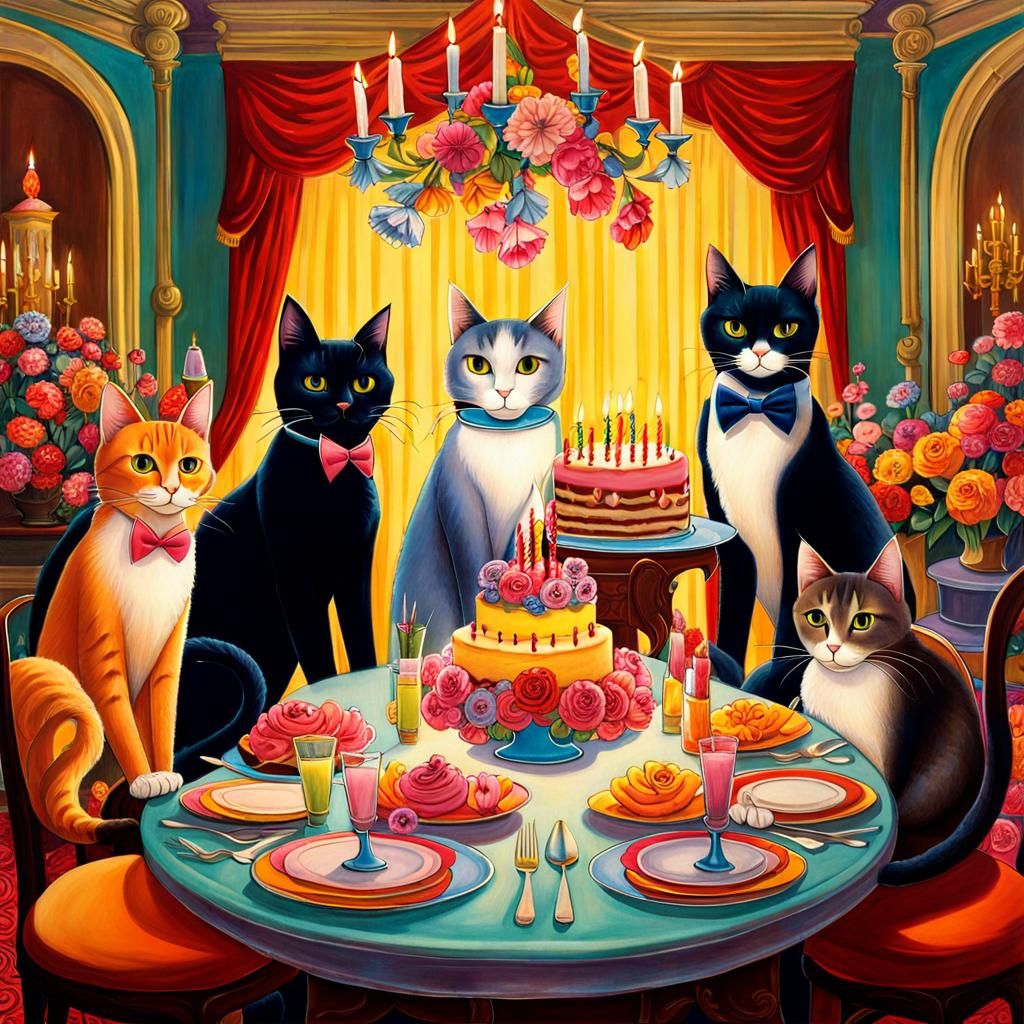 Cat Birthday Party in Palace, Neo-Impressionist Style