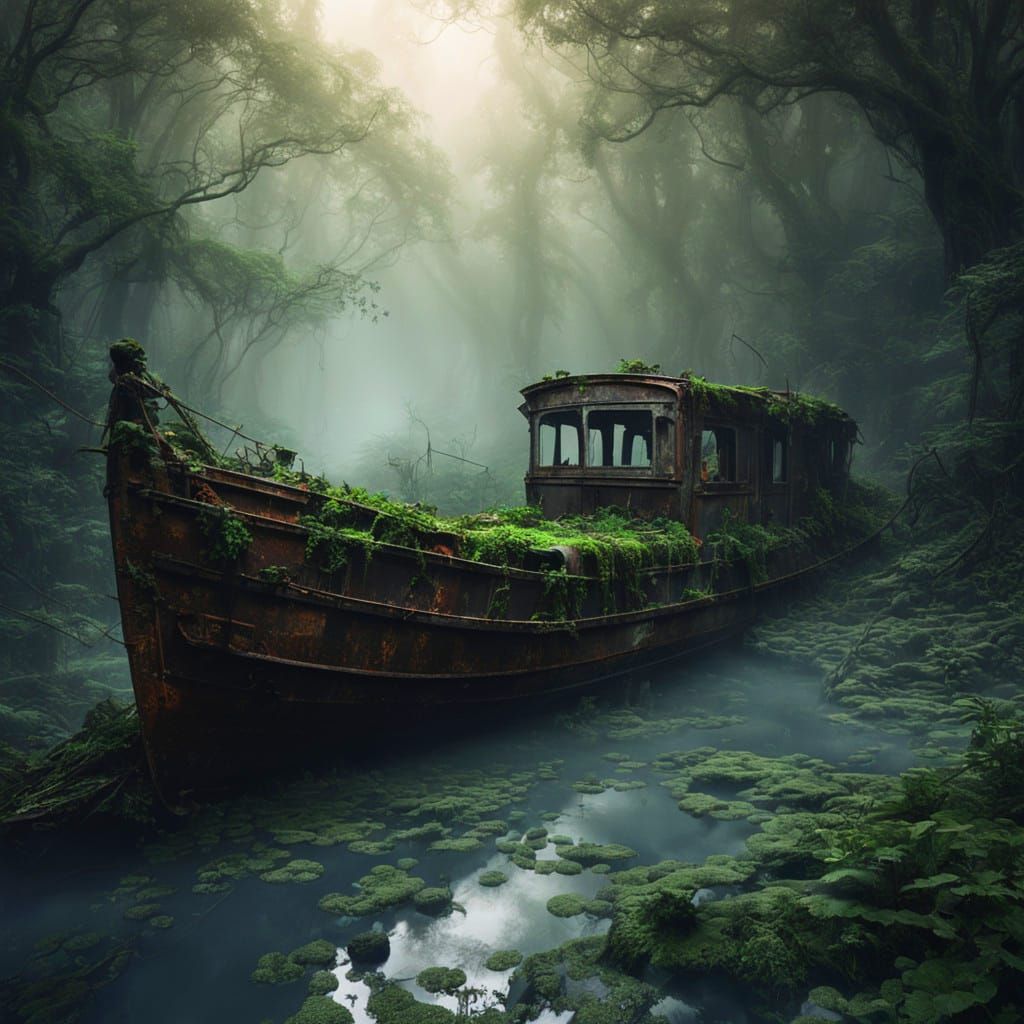 Misty Jungle Surrounds Forgotten Rusted Boat