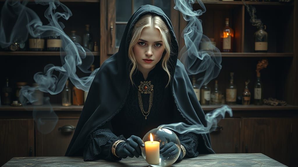 Young Witch with Orb in Dark Fantasy Apothecary