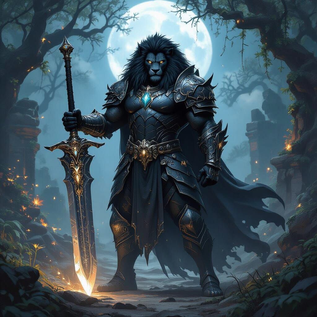 Lion Warrior in Black Armor with Adamantium Greatsword