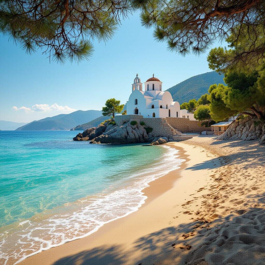 Serene Skopelos Beach with White Church in Ethereal Glow