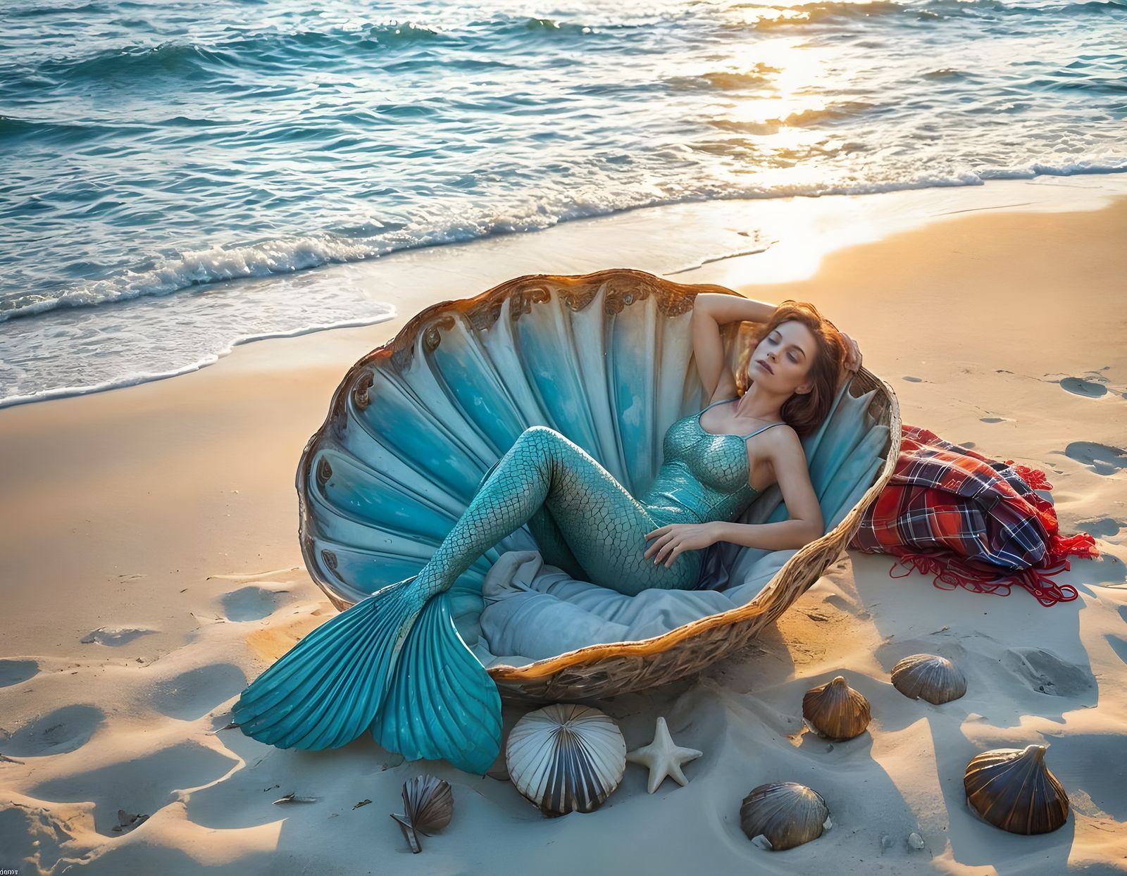 Serene Mermaid Basks in Golden Beach Glow
