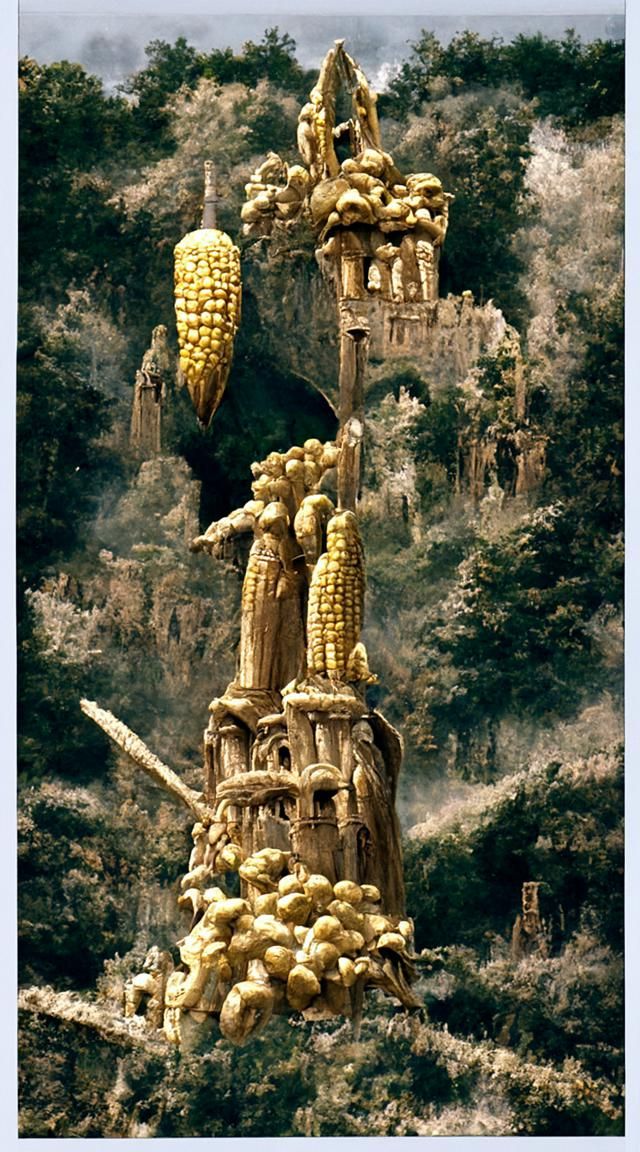 Epic Corn Cob Castles in Lush Valley Landscape